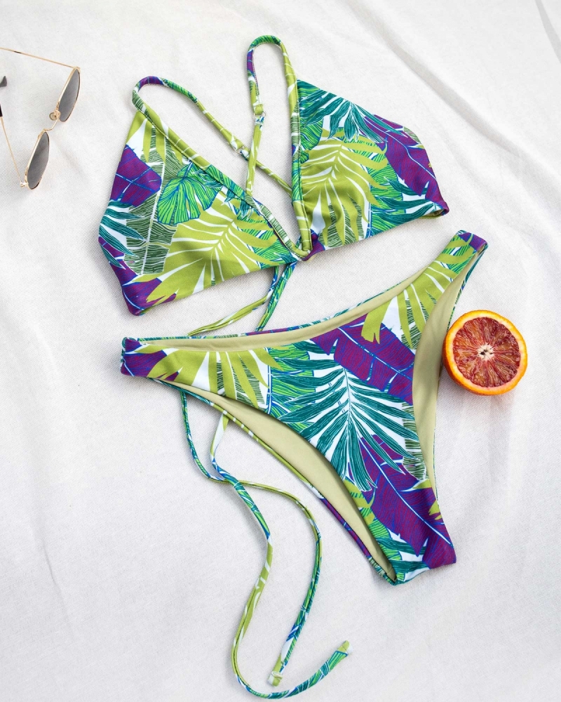 Σετ bikini με σταθερό V και σχέδιο φύλλα